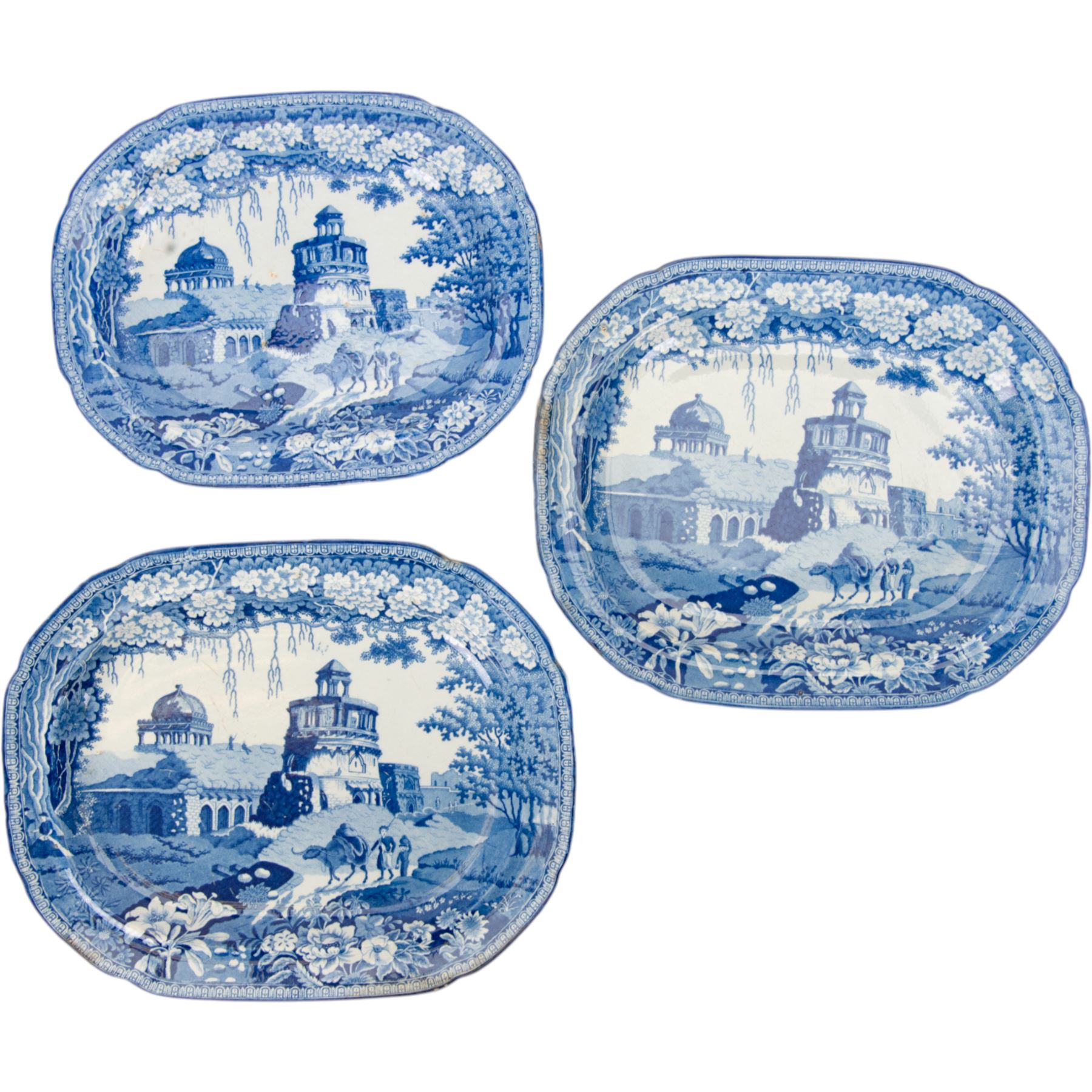 Three 19th century John Rogers & Son blue and white transfer printed Monopteros pattern meat platters, two impressed 14 and a smaller example impressed 12 verso, largest W37cm