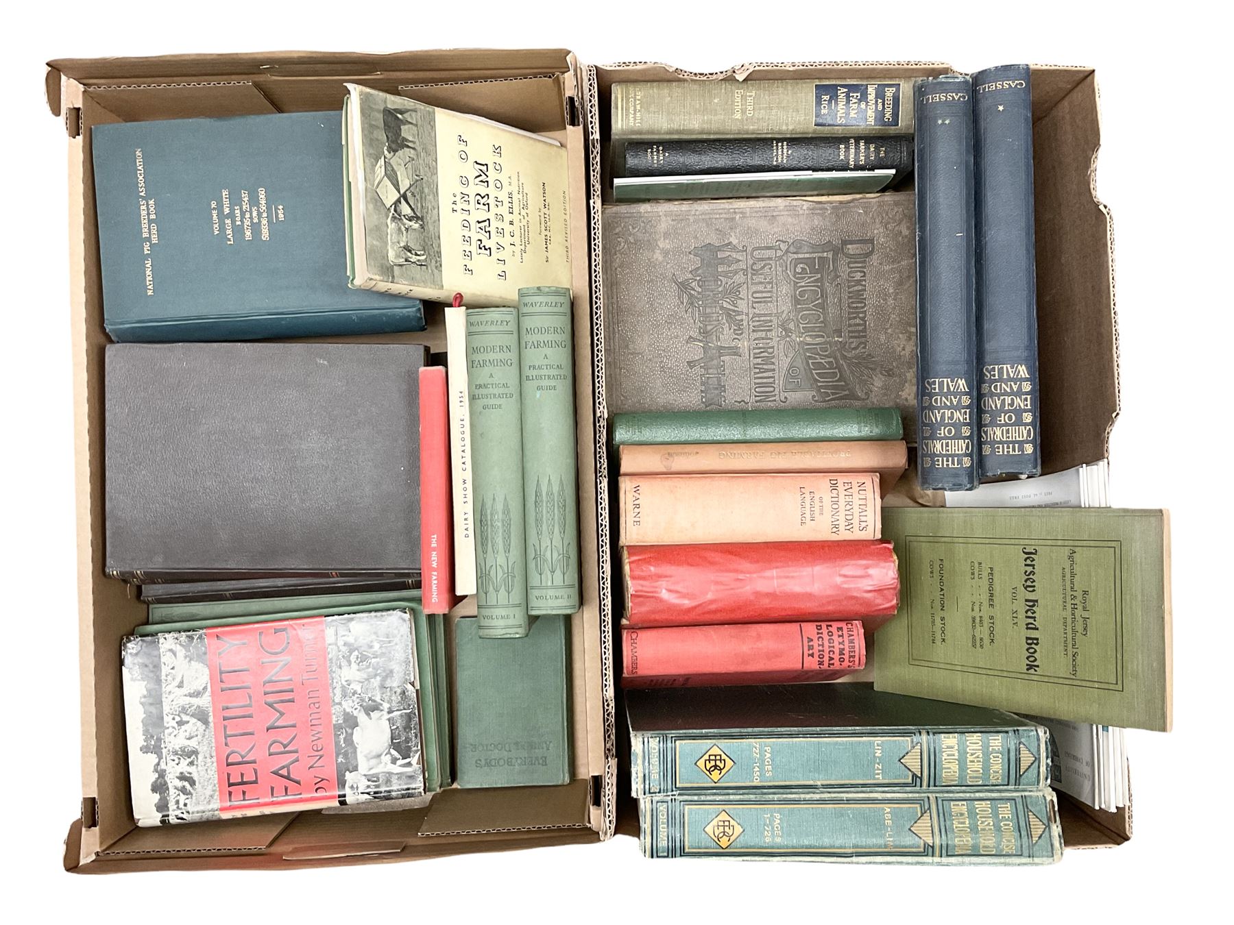Two volumes of the Concise Household Encyclopedia together with Encyclopedia of Useful Information & Atlas of the World, two volumes of the Cathedrals of England and Wales and various books on farming, in two boxes