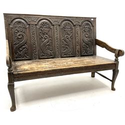 Victorian oak settle, four panel back with floral carvings, cabriole legs, solid seat