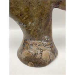 Goniatite sculpture, displaying two Goniatites within a polished and shaped matrix, age; Devonian period, H56cm