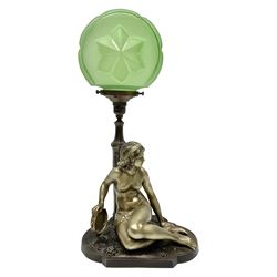 Art Deco style bronzed and gilded spelter figural table lamp with green Uranium glass shade; H48cm, another table lamp; and a bisque group