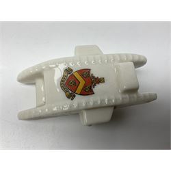 Ten WW1 crested china military models of tanks and field guns; various makers including Goss, Grafton China, Arcadian China, Savoy China etc; various crests including Portsmouth, Brighton, Pendleton, Paignton, Cowes, Flamborough etc (10)