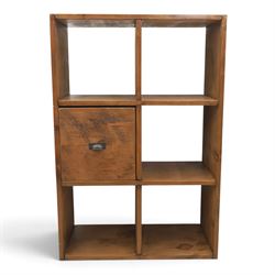 Indigo Furniture - rustic oak shelving unit with cupboard, with five open shelves and one drawer with metal cup handle