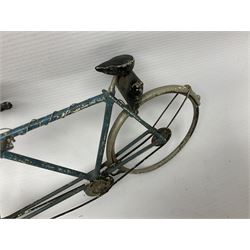 Chad Valley clockwork Fordson Major Tractor, a group of play worn Britains and other lead and metal farm animals, figures and accessories including a kennel, haystacks, dovecote, cows, sheep etc, together with a diecast model of a Tandem Bike L31cm