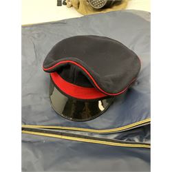 RAF Flight Lieutenant's uniform with peaked cap and WW2 ribbon bar; WW2 gas mask in blue canvas bag dated 1942; flying helmet date 1984; and British Army Major's uniform with Staybrite buttons and peaked cap