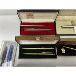 Collection of Parker ball point pens and similar examples by Sheaffer, Papermate etc, mostly boxed