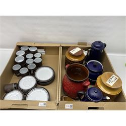 Two hornsea storage jars, together with hornsea tea and coffee cups, enamel coffee pots etc, in two boxes  