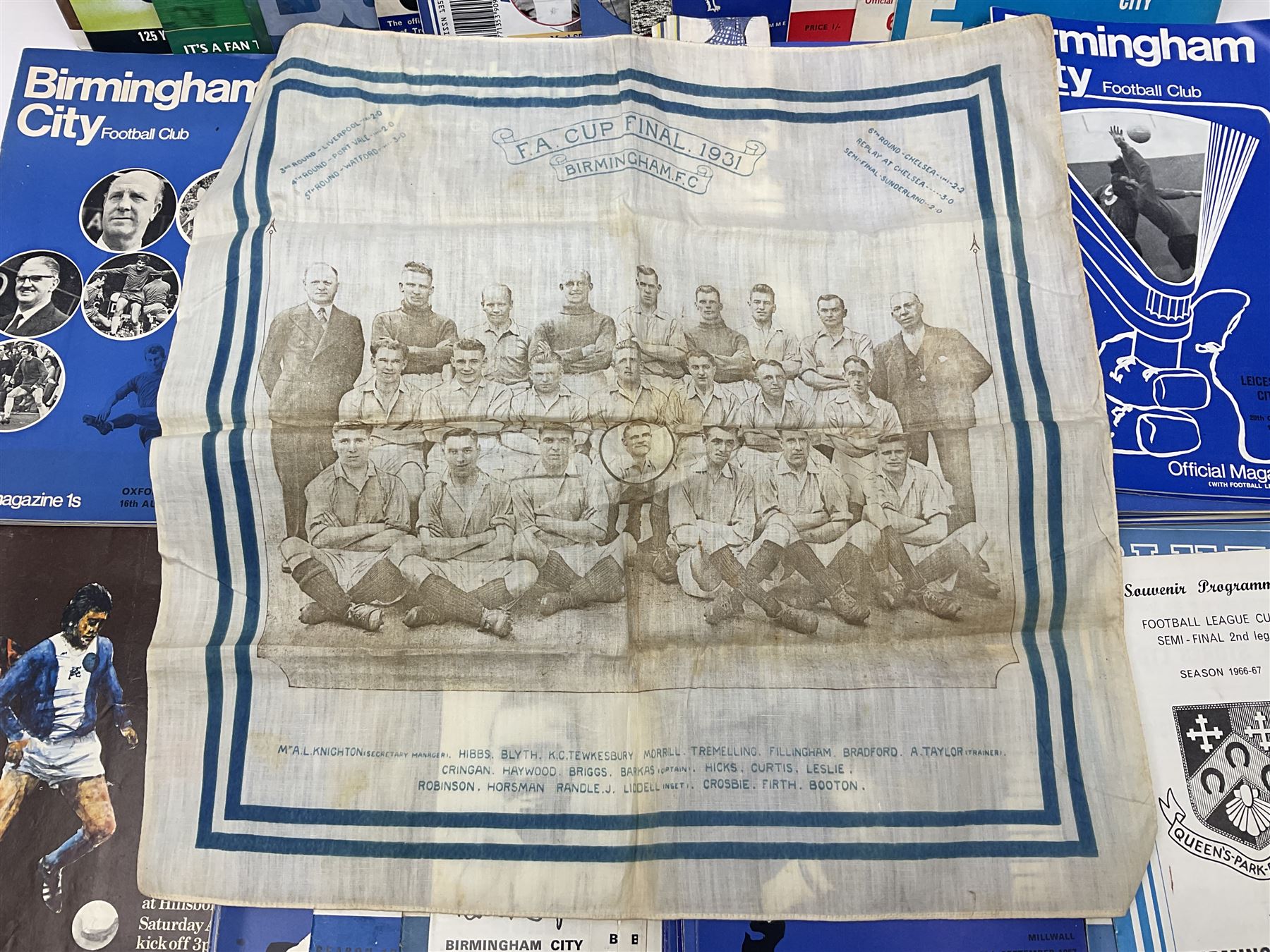 1931 F.A. Cup Final Birmingham City printed silk handkerchief, quantity of Birmingham City football programmes, and Tufty Club silk handkerchief