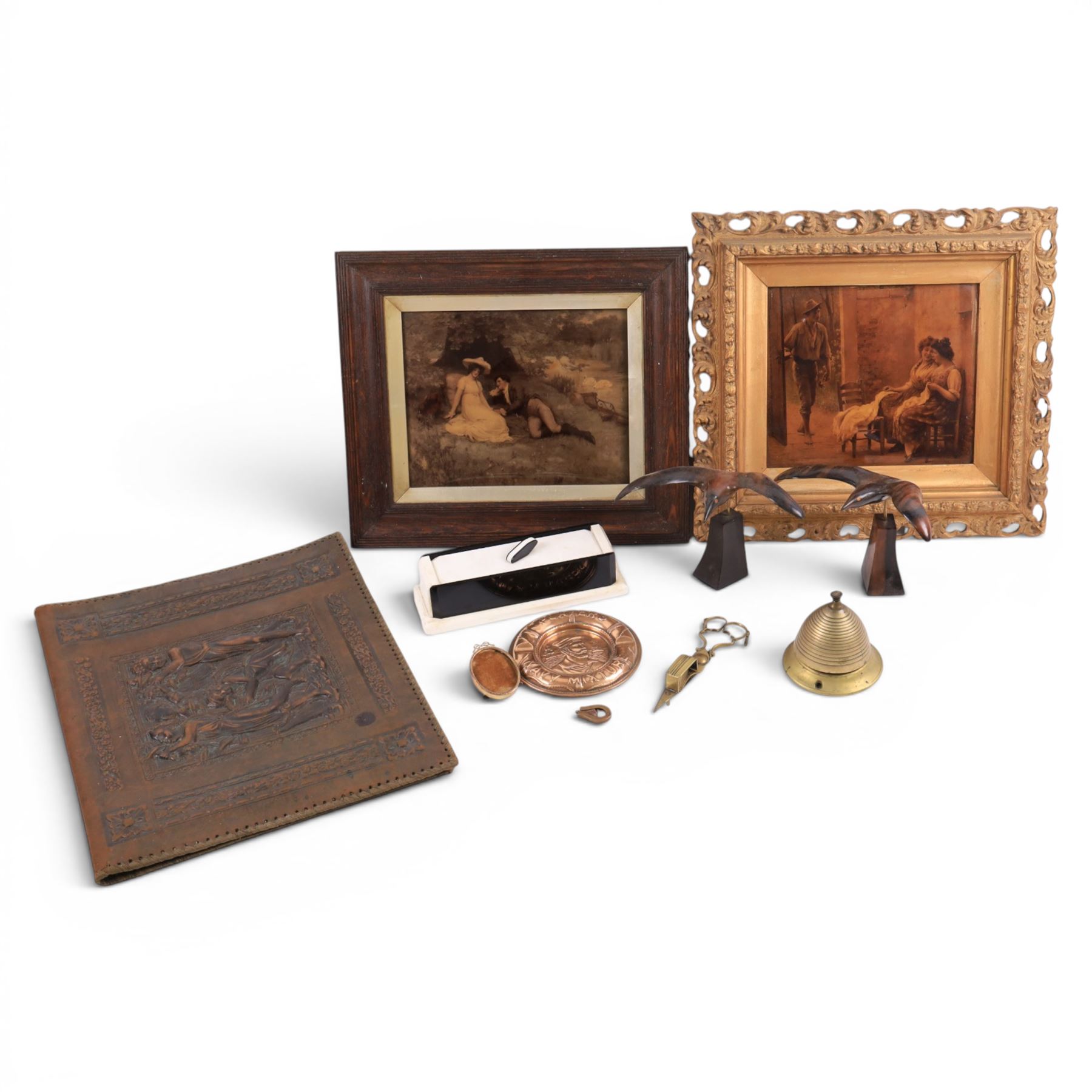 Two framed crystoleums, together with leather blotter, bee hive bell, art deco dominos and other collectables 