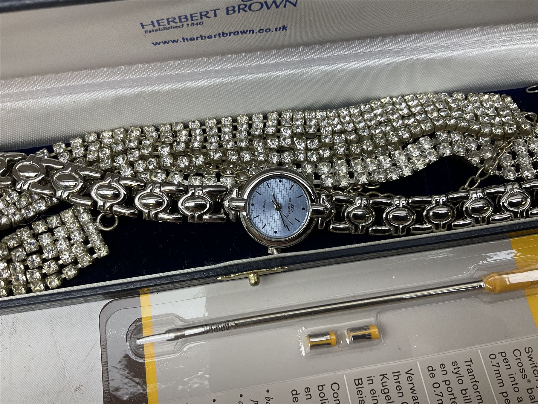 Collection of costume jewellery to include Giani Giorgio watch, Seiko pendent clock, cufflinks, necklace, earrings etc   