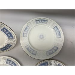 Coalport Revelry pattern tea and dinner wares, comprising nine dinner plates, four salad plates, eleven side plates, sauce boat and stand, ten teacups and ten saucers, and preserve pot and cover, together with a Coalport plate of shaped form decorated with pink roses, and a Royal Crown Derby Royal Antoinette pattern trio