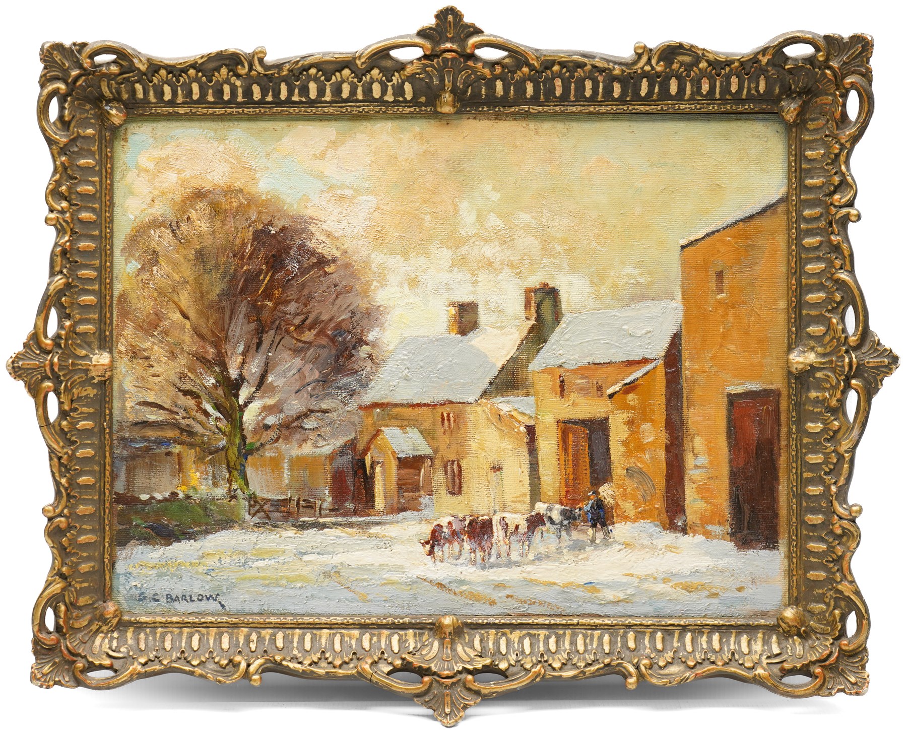 Gordon Clifford Barlow (British 1913-2005): 'Winter Sunshine Yorkshire', oil on canvas board signed, titled on The Royal Institute of Oil Painters at The Mall Galleries 1980 label verso 29.5cm x 39.5cm