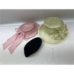 Collection of ladies hats to include boxed Jaeger occasion hat, Frederick Fox of London hat, ribbon band  and feathered decoration examples etc, many with boxes (11)