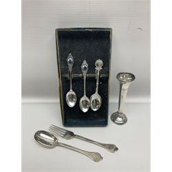 Silver plated tray, with shaped rim and embossed with a dog and crown to centre, stamped Valenti, together with three silver plated decanter labels, two port and one Bucellas, a plated cream jug with embossed floral decoration and a pair of plated fish knives engraved with double headed eagle to handle, tray W25.5