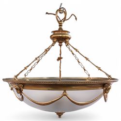 Late 20th century gilt metal ceiling light, circular form decorated with rams heads and swags, frosted glass bowl with bevelled decoration (D51cm); together with another late 20th century gilt metal ceiling ight, decorated with ribbons and rams heads with laurel swags, moulded glass bowl (D32cm)