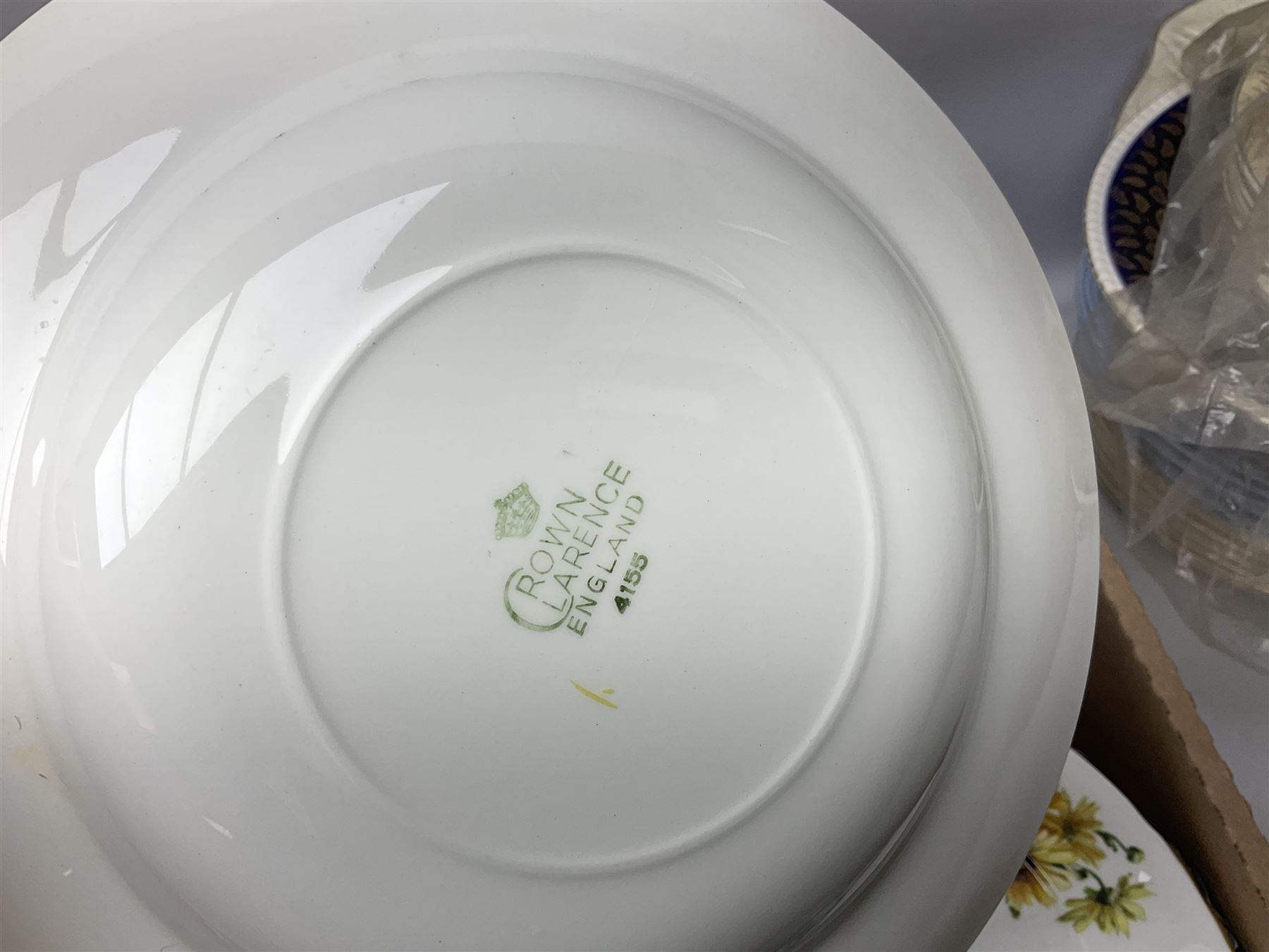 Collection of tea and dinner wares, to include Crown Clarence wares, two Maling cups and saucers, etc,  together with three Foley twin handled urns etc, in three boxes