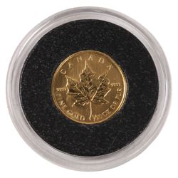 Three Queen Elizabeth II fine gold coins, comprising Australia 2001 'Kangaroo Nugget' one twentieth ounce five dollar, Falkland Islands 1997 'Henry VIII' one twenty-fifth ounce two pound, and Canada 2001 'Maple Leaf' one twentieth ounce one dollar, with certificates