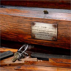 Late 19th century desktop stationary cabinet or writing box with perpetual calendar,  letter rack and pen tray, fitted single drawer, H29cm W32cm