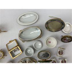 Limoges La Reine miniature furniture to include two chairs and table set, wardrobe etc, Limoges lidded boxes to include Bernadaud example, Limoges miniature tea service on tray, other boxes and miniatures to include Spode twin handled loving cup etc