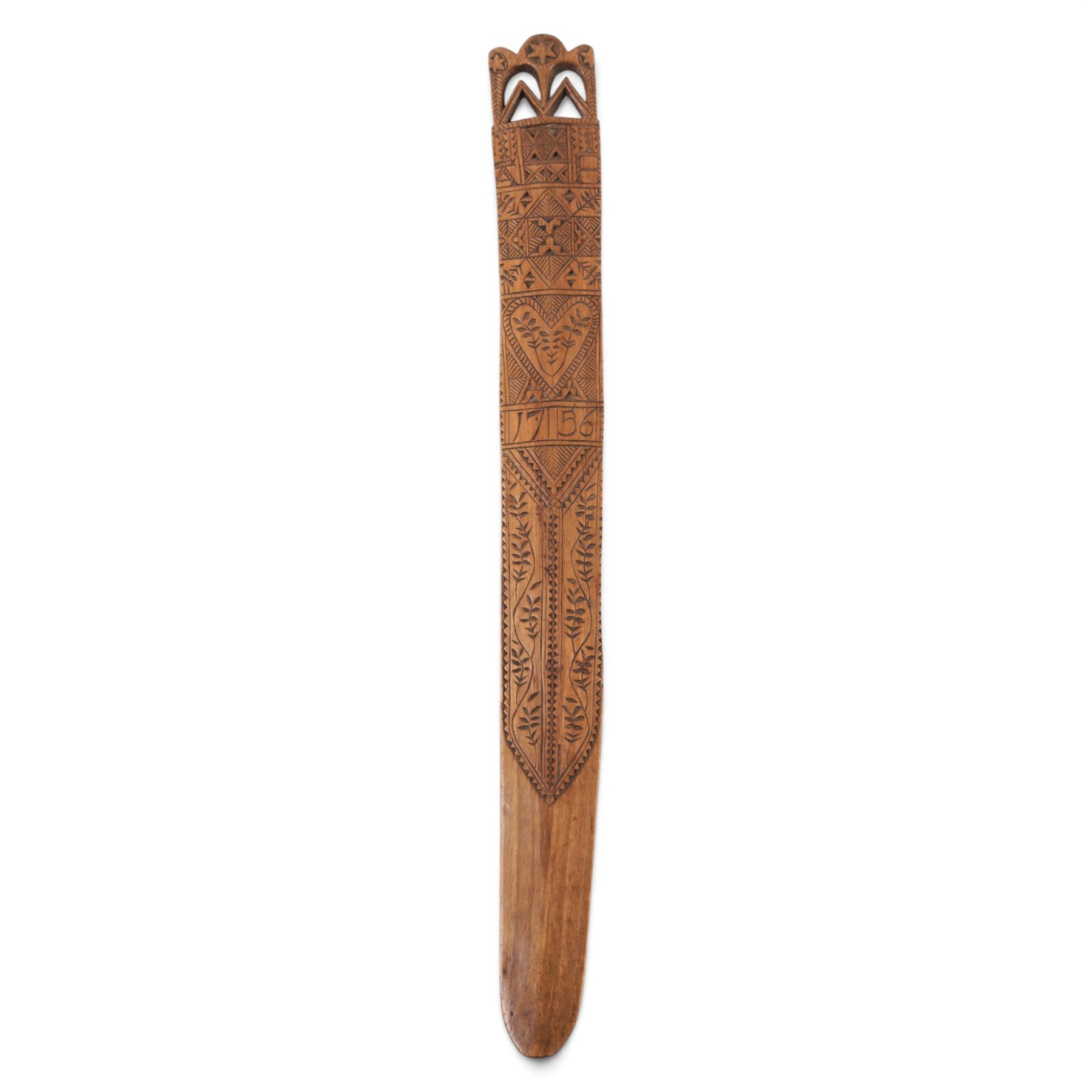 Treen carved a stay busk, dated 1756, the decorated with geometric boarded and foliate sprigs, with pierced top finished with three stars, H37cm