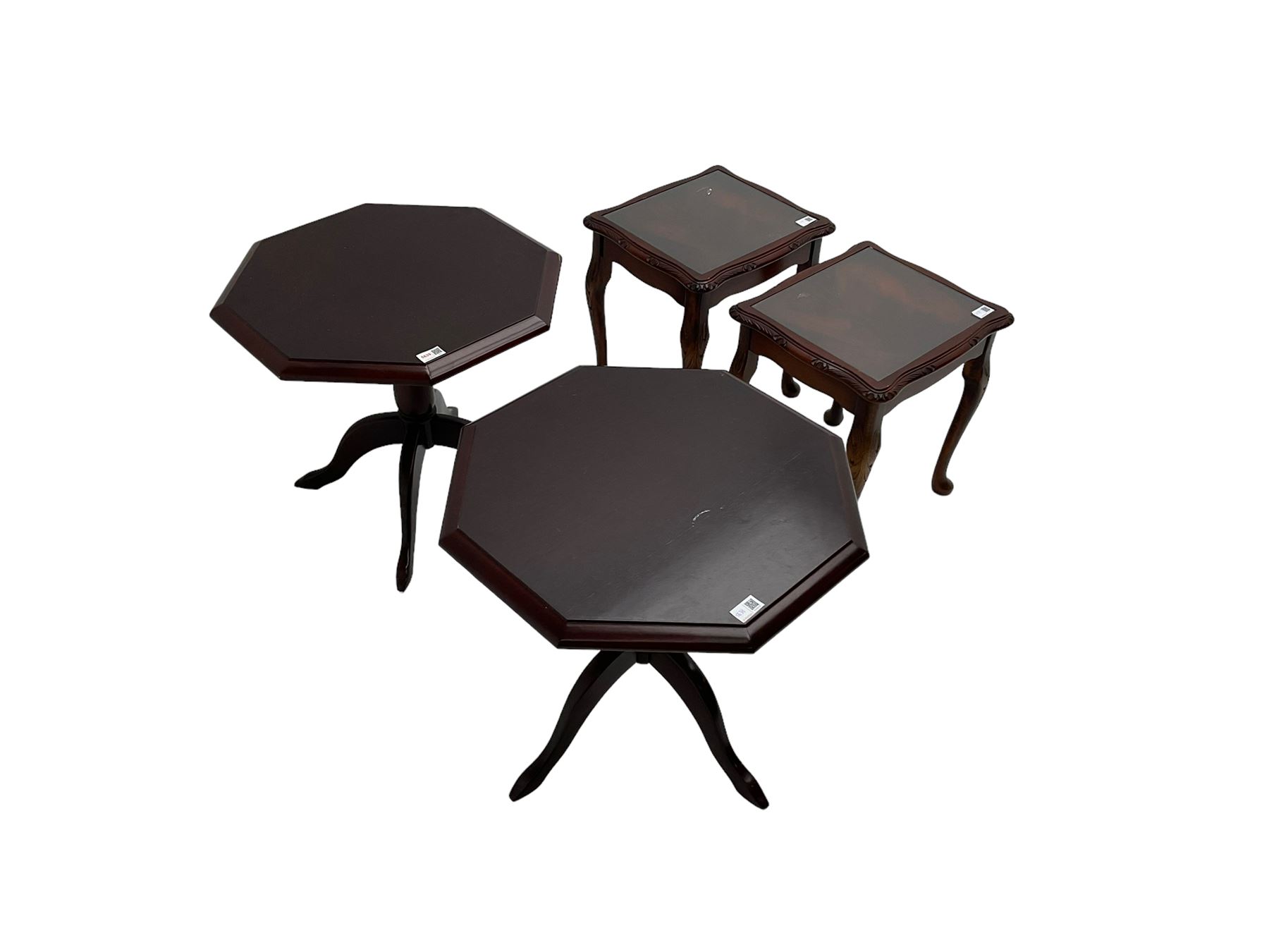 Pair mahogany occasional, octagonal top raised on pedestal with quadripod base (W55cm H48cm); pair mahogany side tables, rectangular glass inset top with shaped edge, raised on cabriole supports (W40 D35cm H42cm) (4)