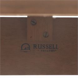 Gordon Russell - mid 20th century teak dining suite, comprising rectangular extending dining table and six matching chairs including one carver, each chair with padded upholstered seat and backrest in vinyl, on square supports, the table with plain top and rounded edges on tapered legs, an example of the firm’s functional post-war design with restrained modernist detailing (Chairs H 85cm, W 47cm, D 46cm) (Extends to 154cm)