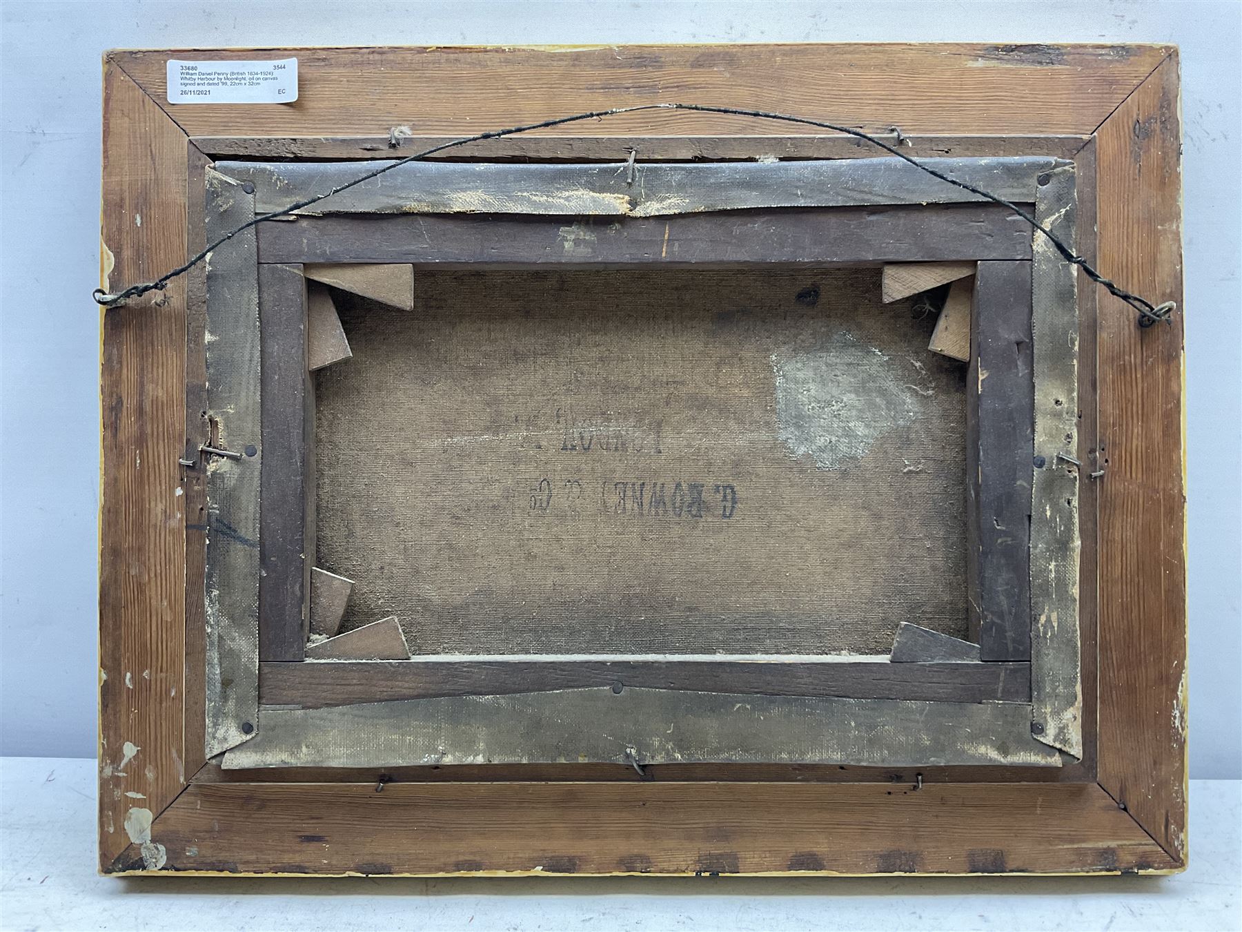 William Daniel Penny (British 1834-1924): Whitby Harbour by Moonlight, oil on canvas signed and dated '99, 22cm x 32cm
Notes: Penny was born in Caistor Lincolnshire but was listed in the Hull directories from 1869 as a Marine artist living in the City until the turn of the century when he became publican of the 'Artist's Rest' in Cross St., Aldborough, East Yorkshire