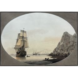 Samuel Atkins (British 1760-1810): 'Leaving a Bay', oval watercolour signed 23cm x 33cm 
Provenance: private collection, purchased Abbott and Holder, Museum Street, London, label verso; with Woolley & Wallis 24th September 2014 Lot 95