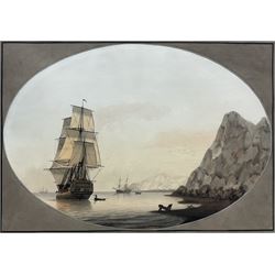Samuel Atkins (British 1760-1810): 'Leaving a Bay', oval watercolour signed 23cm x 33cm 
Provenance: private collection, purchased Abbott and Holder, Museum Street, London, label verso; with Woolley & Wallis 24th September 2014 Lot 95