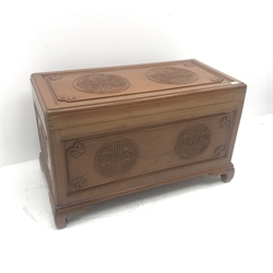 Chinese camphor wood blanket box, single hinged lid, geometric pattern, shaped bracket supports, W105cm, H62cm, D55cm
