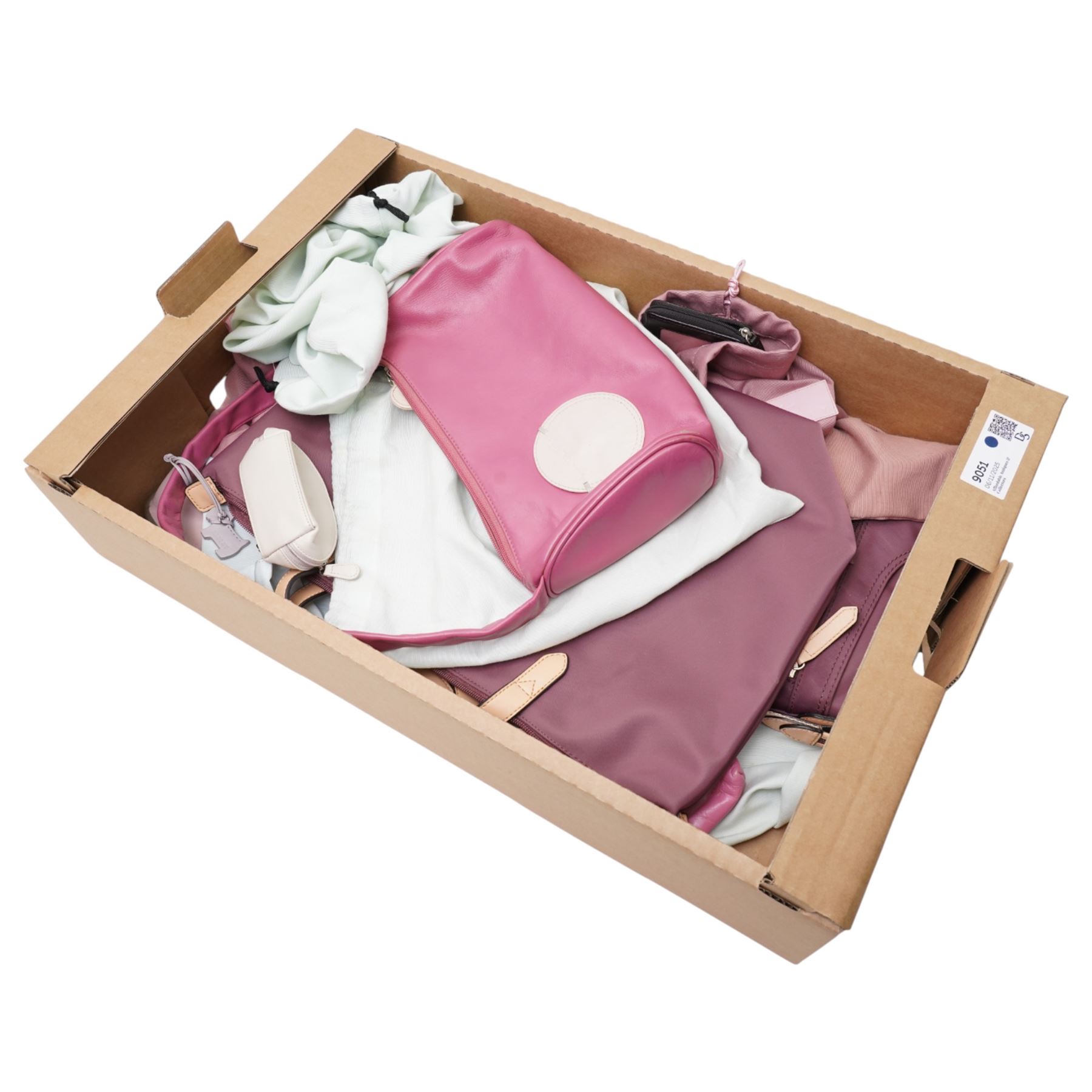 Collection of Radley pink and purple leather and fabric handbags and purses, most with original dust bags