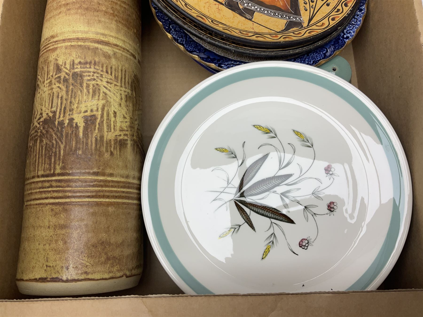 Portmeirion Botanic Garden jug, Poole Pottery planter, Denby coffee pot, Wedgwood Jasperware trinket box, Le Creuset oven dish and a collection of other ceramics, etc, in four boxes 