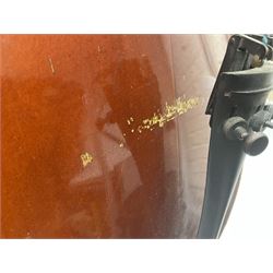 Two student half-size cellos - Boosey & Hawkes Artia with 65cm one-piece back and spruce top; bears maker's label; L104cm overall; and Romanian with 65.5cm two-piece maple back and ribs and spruce top; bears label; L108.5cm overall; each in soft carrying case with two bows (2)