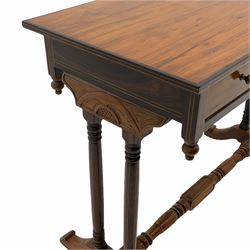 Victorian style rosewood console table, fitted with three drawers, inlaid detail