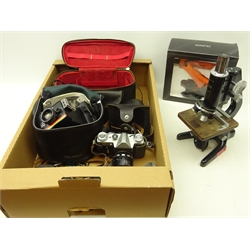  Zenit-E camera with Helios '44-2 2/58 N7253461' lens, Polaroid instant 30 camera, Kuka Quantec robotic arm in original box, Watson Barnett service monocular microscope etc, in one box  