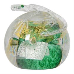 Michael James Hunter Twists Scottish glass paperweight topped with white and green lizard, signed to base, together with Karlin Rushbrooke studio glass,  Wedge Bottle in green and white, bottle H19cm