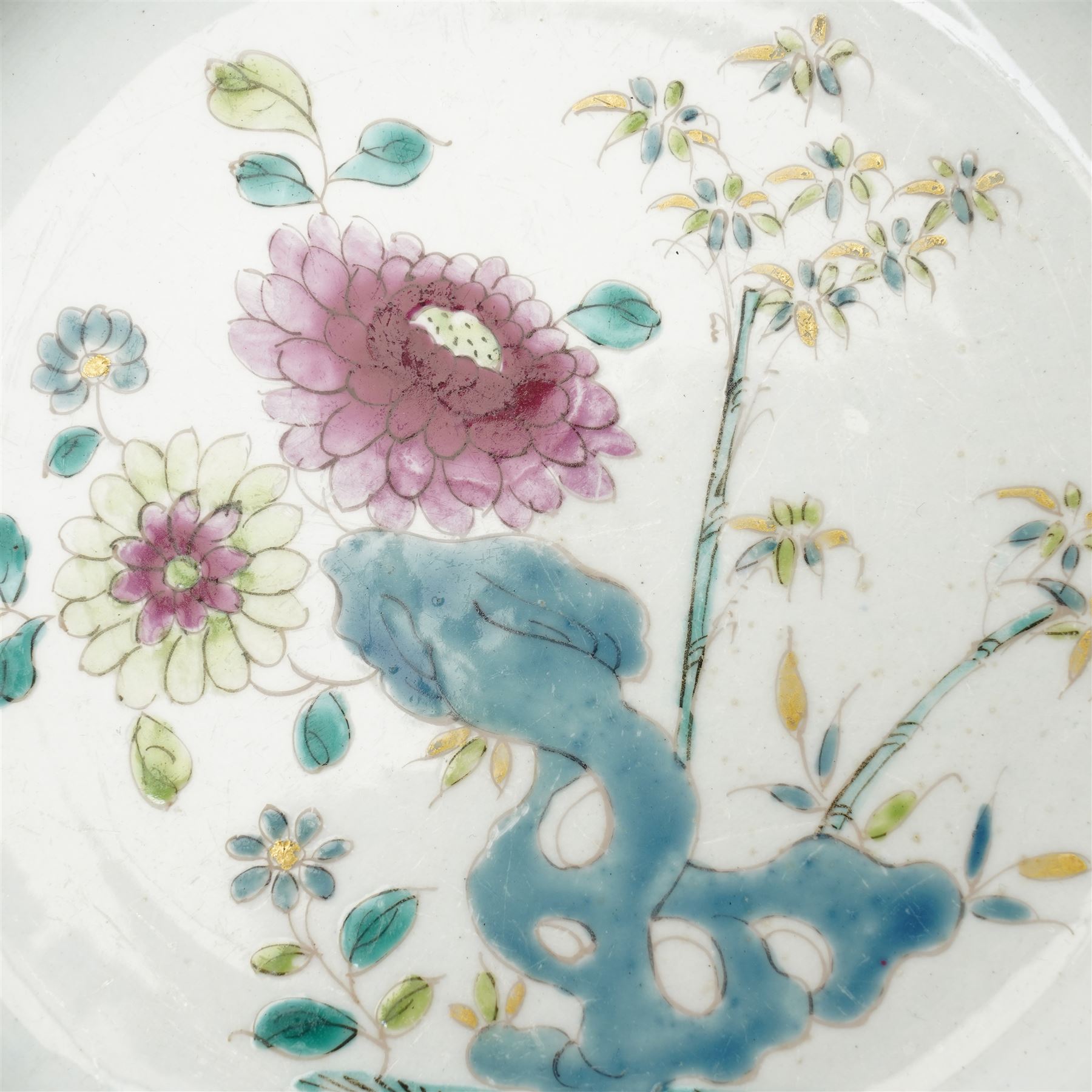 18th century Bow porcelain canted rectangular plate, painted in polychrome chinoiserie and a similarly decorated Bow plate, c1760, rectangular plate W27cm (2)