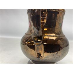 Early 20th century Sunderland lustre jug, decorated with transfer Masonic scene and poem 'The World is in Pain/Our Secrets to Gain/But Still Let Them Wonder and Gaze/The Never Can Divine/The World Nor The Sign/Of a Free and Accepted Mason', the reverse decorated with Sunderland River Wear cast iron bridge scene below text (a/f), together with a copper lustre jug, and pink lustre bowl, jug H20cm