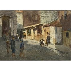 Albert George Stevens (Staithes Group 1863-1925): Children in Whitby Market Place, watercolour signed and dated 1906, 24cm x 34cm