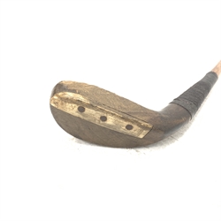 Golf - 19th century putter, the beech head marked T. Morris with horn sole plate, inset lead weight and hickory shaft marked T. Morris St Andrews with suede leather grip, L89cm  