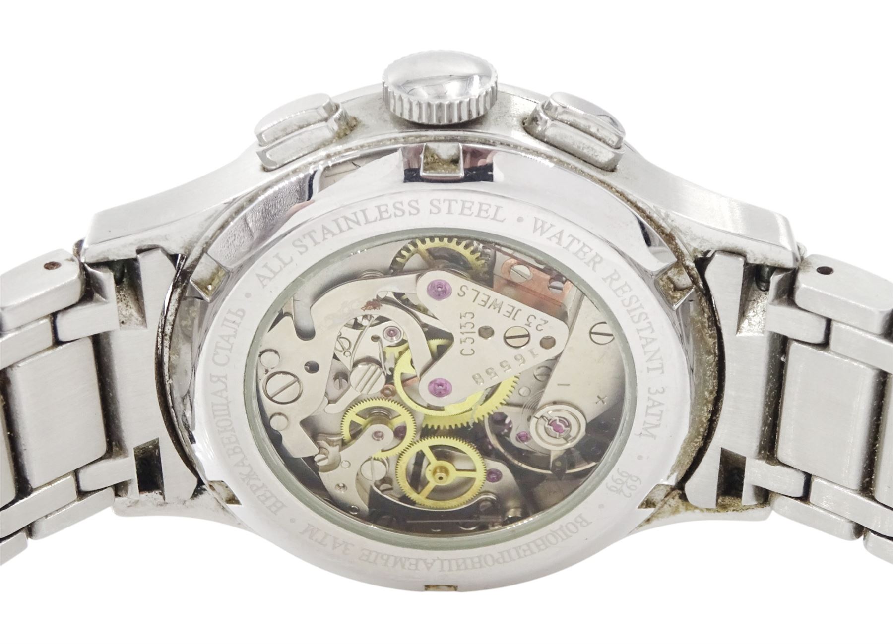 Strela Class 1 gentleman's stainless steel manual wind chronograph wristwatch, Cal. Poljot 3133, black dial with date aperture, on stainless steel steel bracelet, boxed