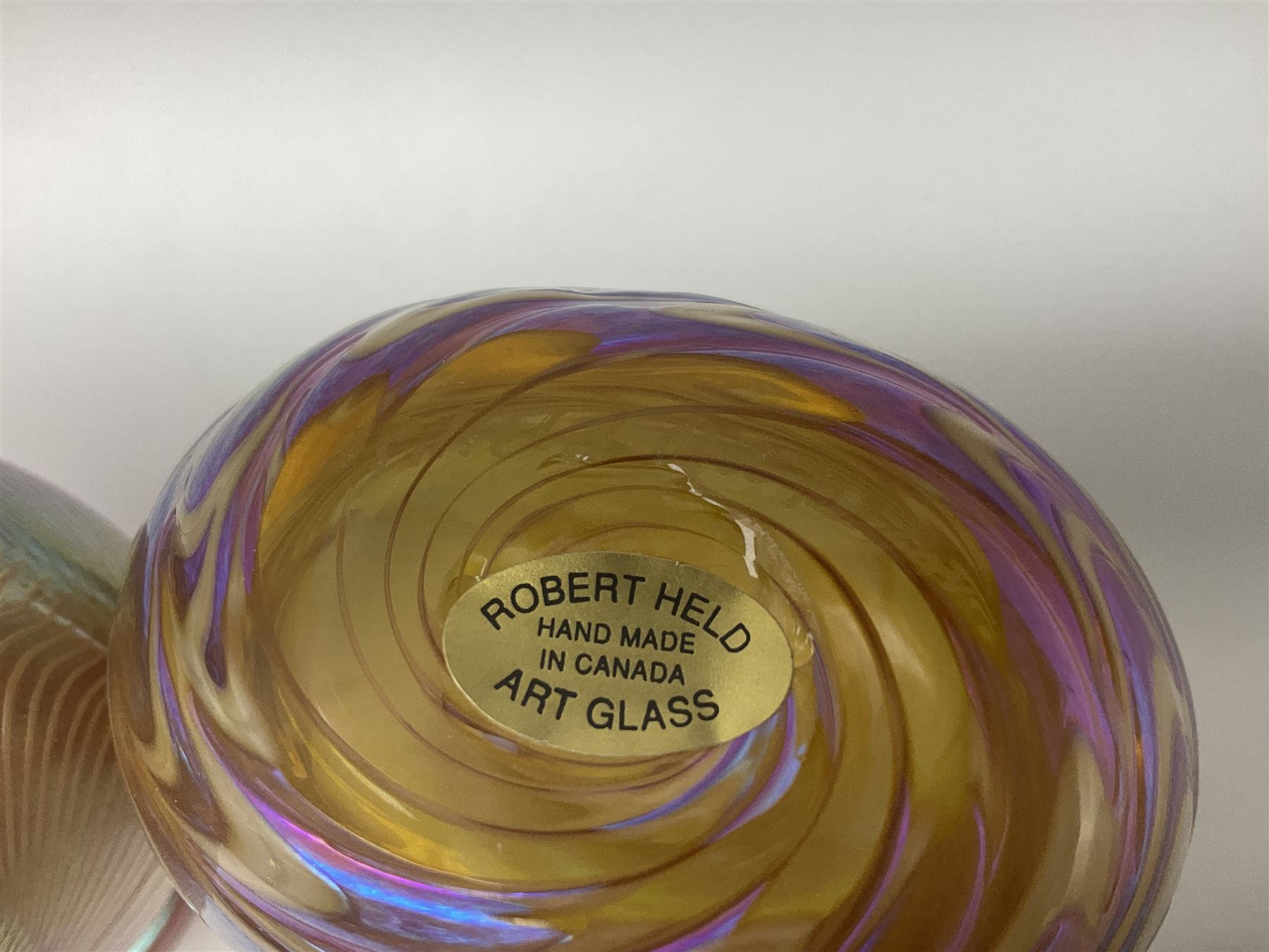 Two Robert Held glass vases, together with Adrian Sankey apple paperweight, vases H10cm 