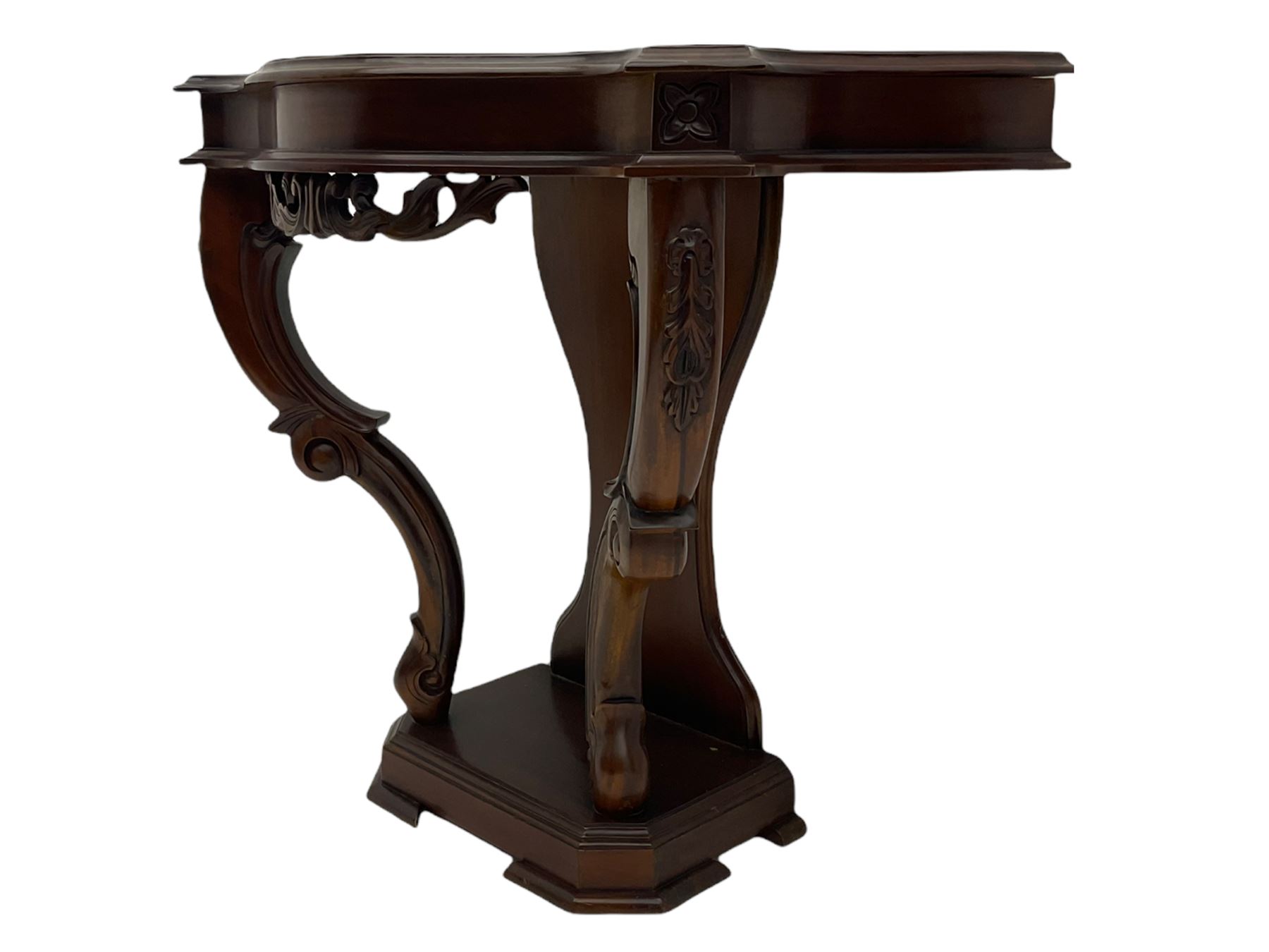 Victorian style mahogany console table, shaped moulded top on scrolled supports, moulded and canted base (W91cm, H76cm, D41cm), and a reproduction mahogany console or side table on reeded supports 