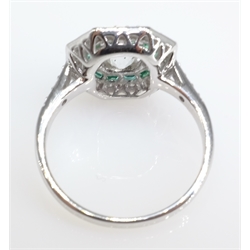  Art Deco design white gold old cut diamond and emerald ring tested to 18ct centre diamond approx 0.9 carat  