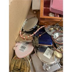 Silver earrings, including three boxed pairs, costume jewellery, compact mirrors and three jewellery boxes
