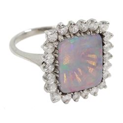 14ct white gold rectangular opal and round brilliant cut diamond cluster ring