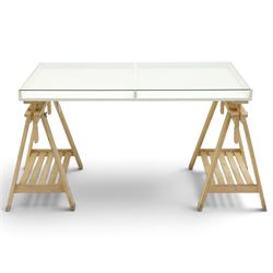 IKEA - Vika Gruvan trestle table, glass and white top raised on beech adjustable supports