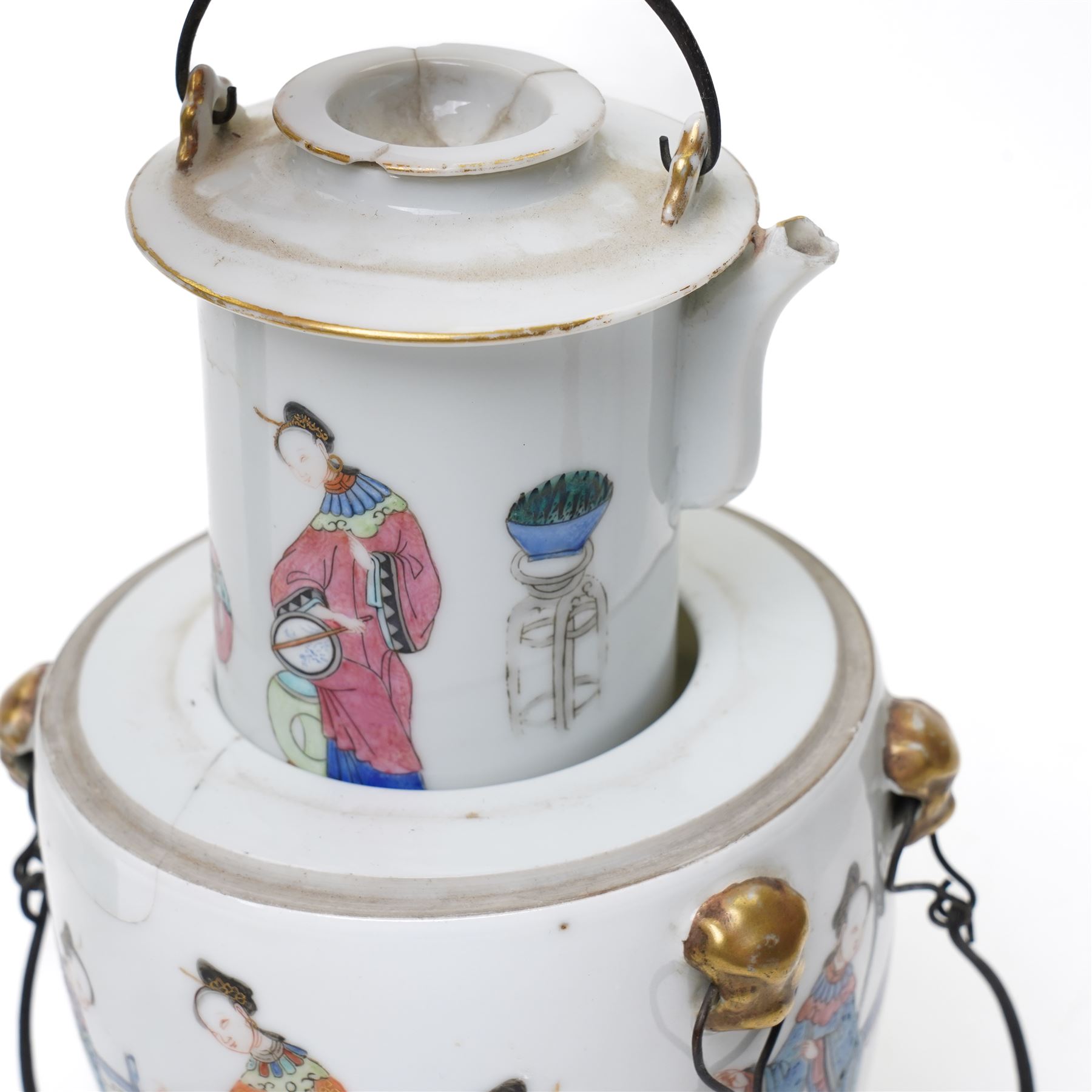 Chinese 18th/19th century Ming dynasty ceremonial teapot carrier, each side painted with scenes of ladies attending a tea ceremony, the internal teapot also painted with ladies in traditional dress, H13cm; together with a Chinese famille verte vase, painted with a traditional landscape, archaic mark to base, H14.5cm 