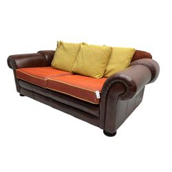 Gainsborough Lounge Suites - three piece leather and fabric lounge suite - pair two seat sofas (W225cm, H82cm, D105cm), and matching armchair (W88cm), on turned front feet with scatter cushions