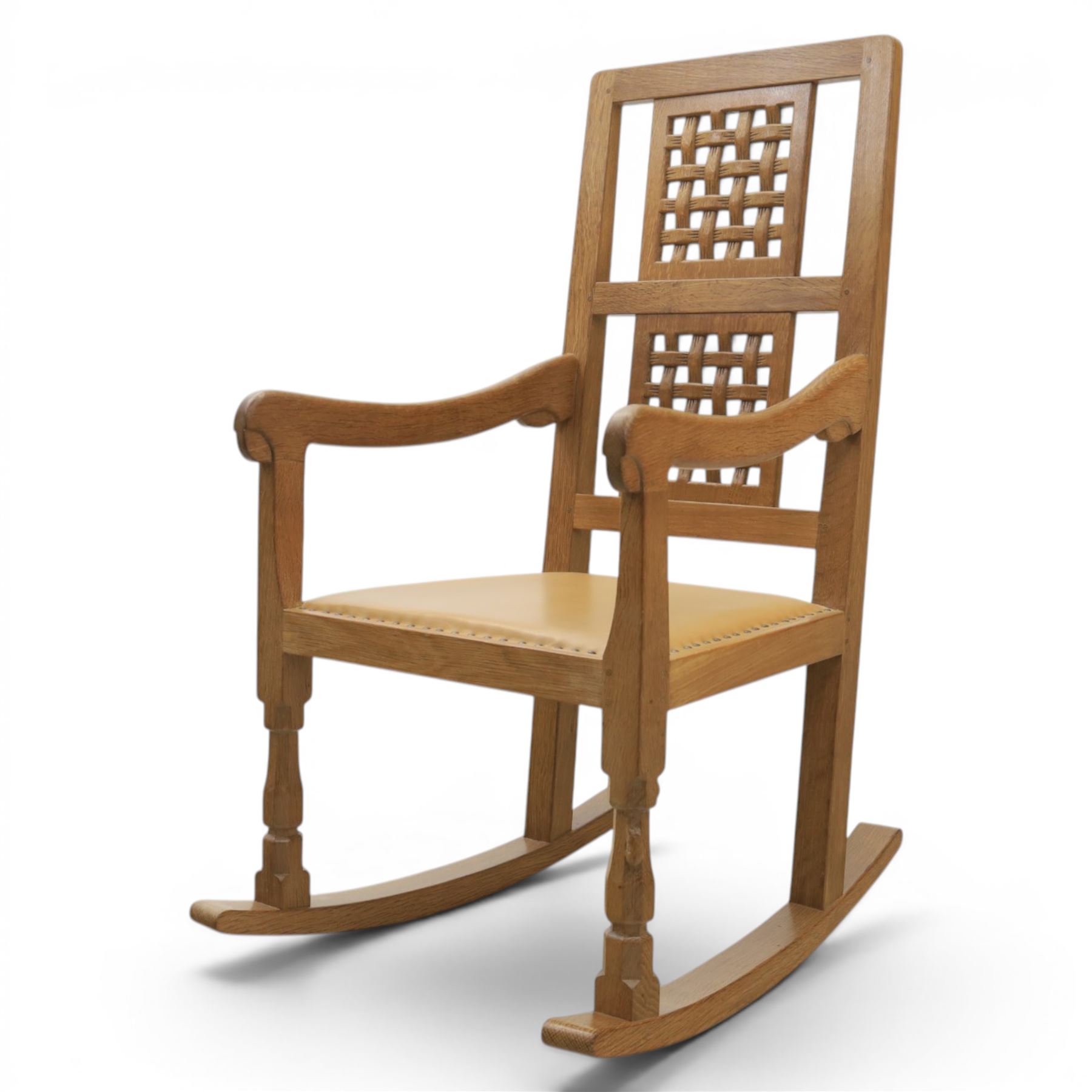 Mouseman - oak rocking chair, high lattice back, carved Mouse signature, by Robert Thompson's of Kilburn